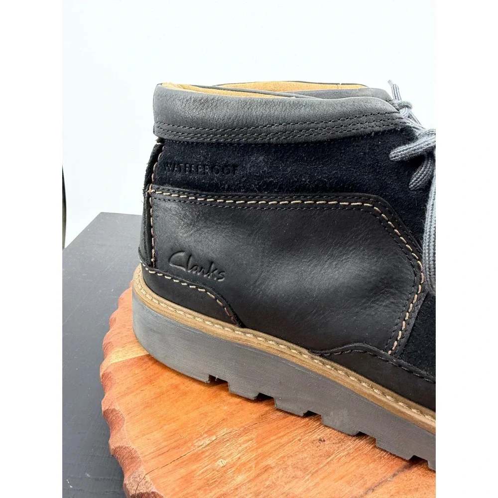 Clarks Barnes Plain Oxford Boots Mens 9.5 Black Leather Waterproof Lug Sole